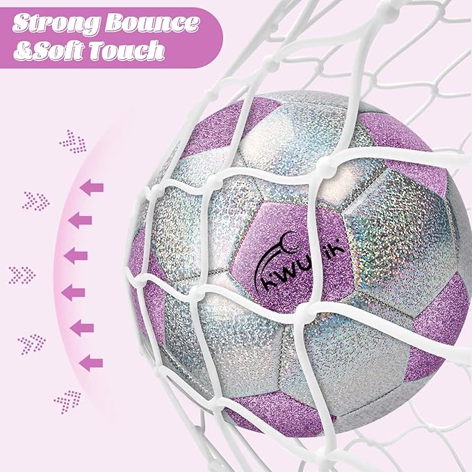 Soccer Ball Size 3 4 5 Glitter Pink Purple Silver with Pump Toddler Soccer Ball for Kids Aged 3-6 6-8 8-12 Outdoor Training Ball for Girls Boys Children Youth Teens