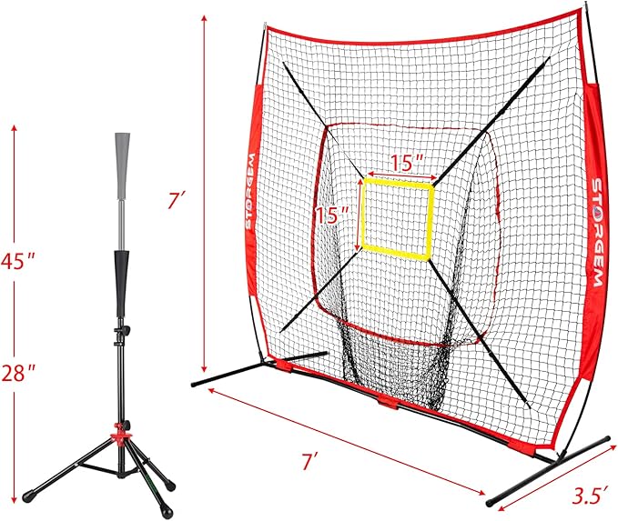 Storgem Baseball and Softball Practice Net 7×7ft Portable Hitting Pitching Batting Training Net Baseball Backstop Net with Batting Tee and Strike Zone and Bow Frame