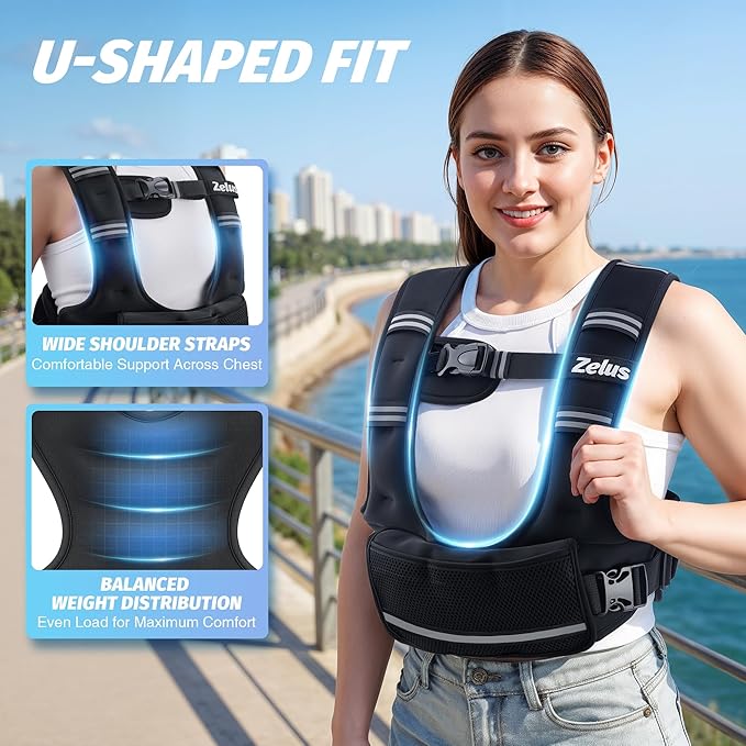 ZELUS Weighted Vest for Women Men, 4-10lb/11-20lb/20-32lb Adjustable Weight Vest with 6 Iron Sand Bags, U-Shaped Rucking Vest with Adjustable Buckle Straps, Workout Vest for Strength Training, Black