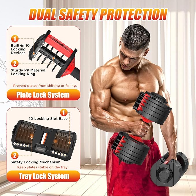 25/52.5/55LBS Adjustable Dumbbells Set with Anti-Slip Handle, Fast Adjust Weight Dumbbells Set with Dual Safety Locking System, Versatile Weights Set for Women & Men Full Body Workout Fitness, Compact Size Space Saving for home gym