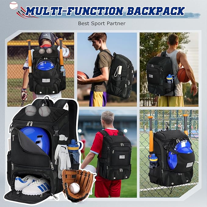 RAINSMORE Baseball Backpack, Lightweight Softball Bag with Shoe Compartment Baseball Bag for Youth & Adult Softball Bat Bag with Fence Hook Helmet Holder Sports Backpack for T-Ball