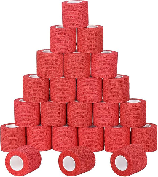 24 Pack Self Adherent Cohesive Wrap Bandages Non Woven Cohesive Bandage Elastic Self Adhesive Bandage Wrap Sports Athletic Tape First Aid Tape for Wrist Ankle Pet Vet Wrap Grip Cover 2 inch (Red)
