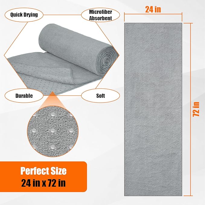 PBHEPJ 2 Pack Hot Yoga Towel, Yoga Mat Towel with Grip Dots (72"x 24"), Microfiber, Super Absorbent Towel Non-Slip for Hot Yoga, Exercise, Fitness, Pilates Gear