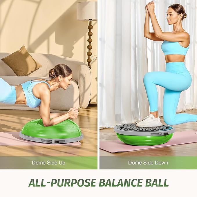 ZELUS 25in. Balance Ball | 660lb Inflatable Half Exercise Ball Wobble Board Balance Trainer w Nonslip Base | Half Yoga Ball Strength Training Equipment w 2 Bands, Pump, Extra Ball Included