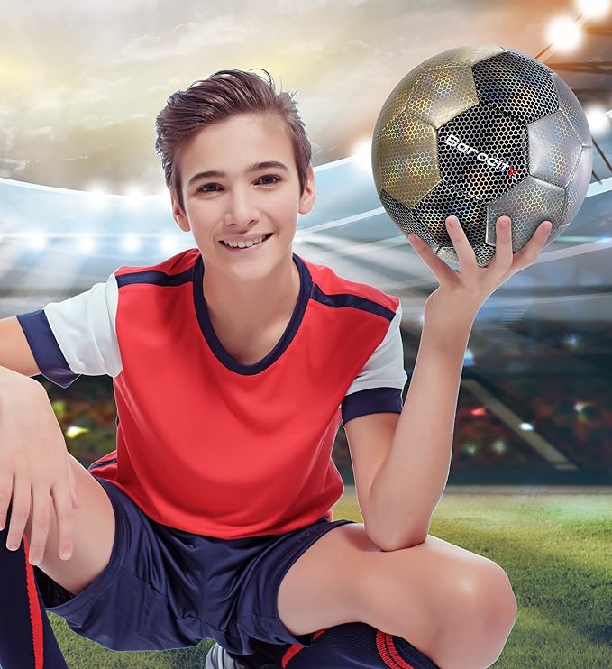 Soccer Ball - Premium Boy and Girl Official Match Ball with Cool Reflective Iridescent Rainbow Hex Pattern, Durable, Indoor, Outdoor, Training, Practice, Playtime and Games