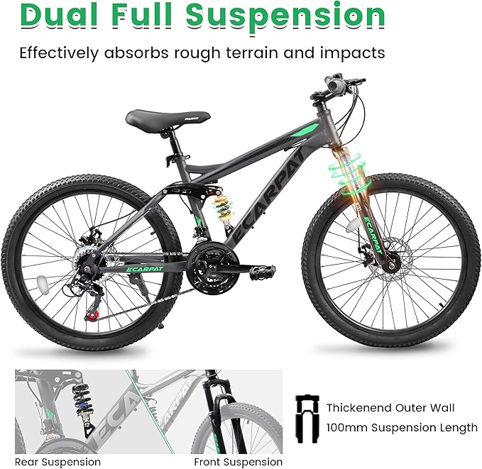 26 Inch Mountain Bike Dual Suspension for Mens Boys, 21 Speeds Steel Women Girls Mountain Bike Summer Travel Trip, Disc Brakes Adult Teens Sport Men Women Bicycle for Trail Commuter City Road