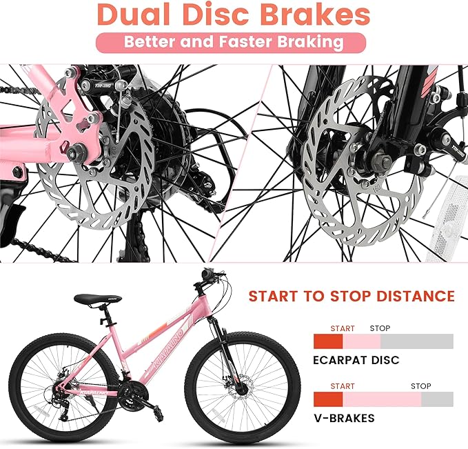 24 26 Inch Women Girls Mountain Bike, Disc/V Brakes 21 Speeds Women Bike, Sturdy Steel Frame and Suspension Fork, Stylish Adult and Teens Bicycle for Urban Trail Snow Commuter