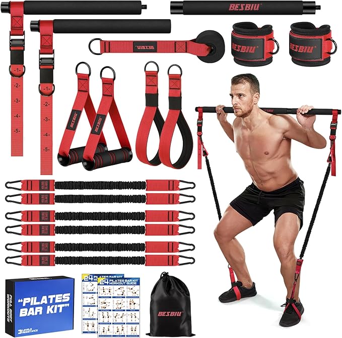 Pilates Bar Kit with Resistance Bands for Working Out, 210lbs Heavy Resistance Bands with Handles, Pilates Equipment with Resistance Band Bar for Men Women, at Home Gym Full Body Workout Equipment