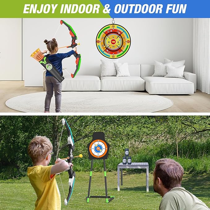 2 Pack Kids Bow and Arrow with 29" Large Dart Board, LED Light Up Archery Set with 24 Suction Cup Arrows, Indoor Outdoor Sport Toys Gifts for 3 4 5 6 7 8 9 10 11 12 Year Old Boys Girls