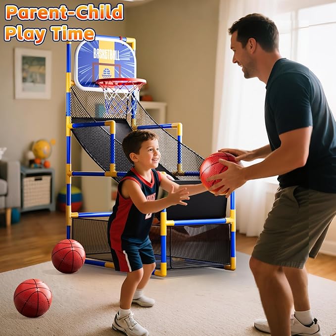 Kids Arcade Basketball Game Set with 4 Balls and Air Pump, Indoor Outdoor Basketball Hoop Sports Toy Gifts for Kids Boys Girls 3-12 Years Old, Ideal for Competition and Carnival Party Games