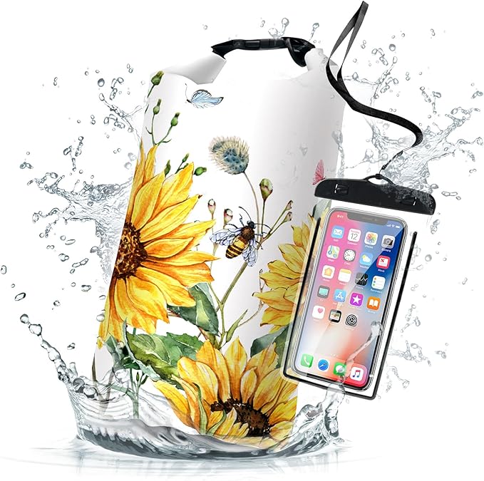 Waterproof Dry Bag,Roll Top Summer Sunflowers Waterproof Backpack 5L/10L/20L Floating and Lightweight Bags for Kayaking, Boating, Fishing, Swimming and Camping with Waterproof Phone Case