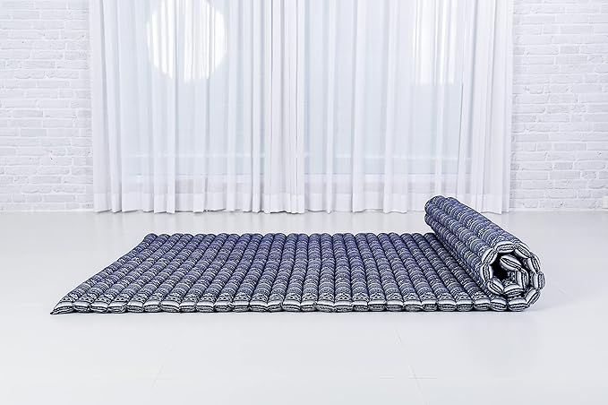 Leewadee - Kapok Roll Mat – Handcrafted Folding Sleep & Relaxation Mattress from Thailand, Ideal as Guest Bed, Camping Mat, Yoga Mat or Traditional Futon, 75 x 39 inches, Blue White
