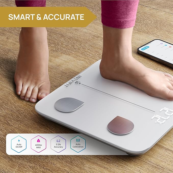INEVIFIT Smart Body Fat Scale, BMI Highly Accurate Bluetooth Digital Bathroom Body Composition Analyzer. Measures Body Fat, Water, Muscle, Bone Mass & More for Unlimited Users
