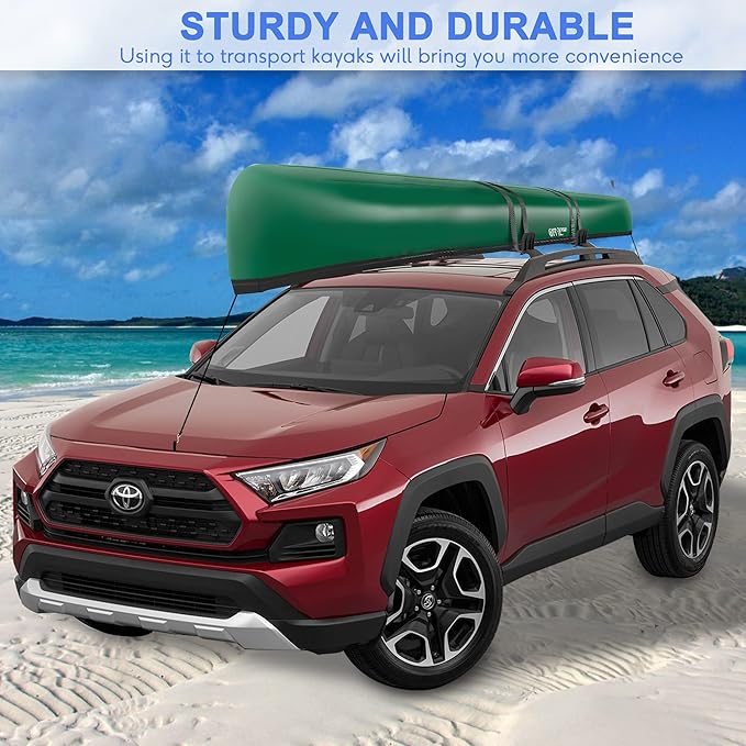 DRSPORTS Heavy Duty Universal Kayak Rack and Canoe Carrier Rooftop Mount on SUV, Car and Truck Crossbar with Bow and Stern Lines Suitable for Canoe, SUP, Kayaks, Surfboard with 2 pcs Tie Down Straps