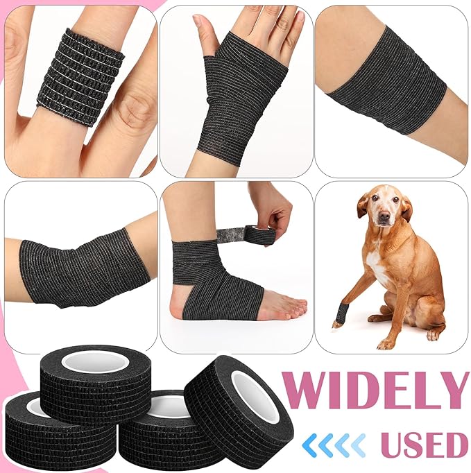 Treela 64 Pack 1" x 5 Yards Self Adhesive Cohesive Bandage Wraps, Elastic Breathable Athletic Tape, Flexible Self Adherent Bandage Rolls for Wrist, Ankle, Fingers, Sports & Pets (Black)