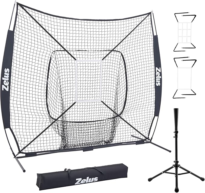 ZELUS 7x7 ft Baseball Softball Practice Net, Hitting and Pitching Net with Adjustable Batting Tee 2 Strike Zone, Portable Baseball Backstop Net with Carry Bag, Great for All Skill Levels