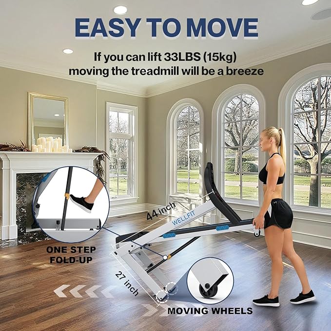 WELLFIT TM007 Auto Incline Treadmill, 4.0HP Heavyduty Treadmill for 400lbs+ Capacity, Adjustable Height for 5'2"- 6'4" Users, 95% Assembled, LED Console, 45*18 Large Area, 8.7MPH, Foldable Space Saver