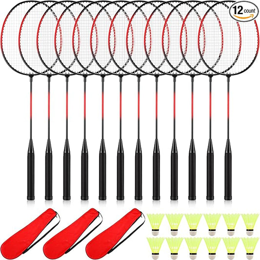 12 Pack Badminton Rackets Set Including Rackets, Nylon Shuttlecocks and Carry Bag for Outdoor Backyard Games Beginners