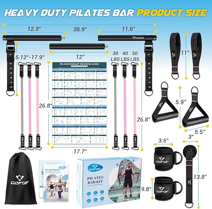 Pilates Bar Kit with Resistance Bands, Multifunctional Yoga Pilates Bar with Heavy-Duty Metal Adjustment Buckle, Portable Home Gym Pilates Resistance Bar Kit for Women Full Body Workouts