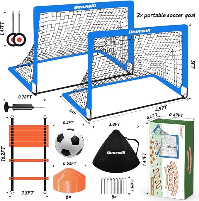 Soccer Goal, Kids Soccer Goals for Backyard Set of 2, 4x3ft Portable Soccer Goal Pop Up Soccer Net, Kids Soccer Net Training Equipment with Soccer Ball, Ladder, Cones, Targets