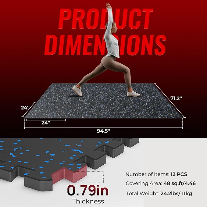 SUPERJARE 0.79'' Extra-Thick Exercise Equipment Mats, 12 Pcs 48 Sq Ft Rubber Top Floor Tiles with High Density EVA Foam, Interlocking Gym Flooring for Home Gym, Workout Mat, Black/Blue