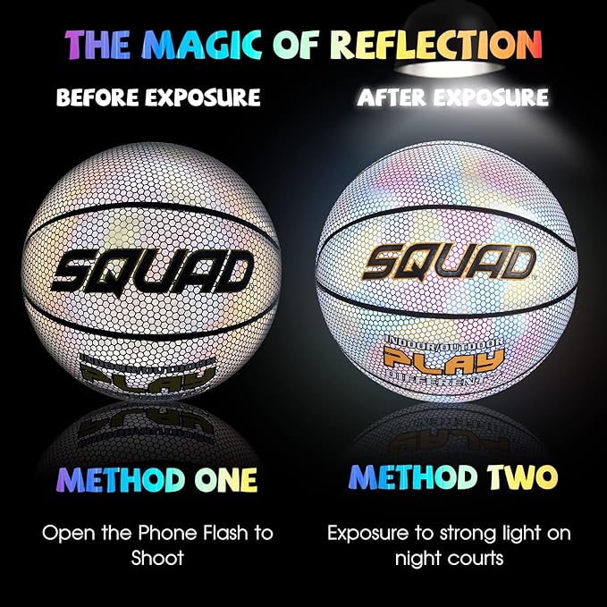 SQUAD NightPlay Reflective Basketball Size 5, Size 7 - Cool Holographic Glow Basketball for Night Game, Ideal Gift for Boys Girls 10-14 Year Old, Cool Teen Toys