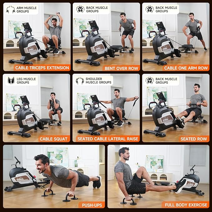 Pooboo Magnetic Rowing Machine 360 LB Weight Capacity, folding rower with Combination Strength exercise, Tablet Holder and Comfortable Seat Cushion, Rower for Home Use