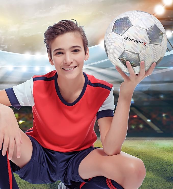 Soccer Ball - Premium Boy and Girl Official Match Ball with Cool Reflective Iridescent Rainbow Hex Pattern, Durable, Indoor, Outdoor, Training, Practice, Playtime and Games