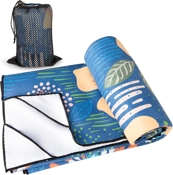 Colorful Star Yoga Towel with Corner Pockets, Non Slip Grip Dots Sweat Absorbent Hot Yoga Mat Towels, Yoga Blankets with Travel Bag, Mat Cover for Workout, Gym, Fitness - 70"x26", Blue Yellow Flowers
