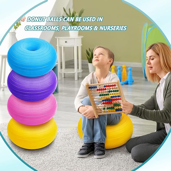 Lewtemi 8 Pcs Flexible Seating for Classroom Elementary 20'' Yoga Ball Chair Large Inflatable Donut Exercise Ball Chair Wobble Seat with Inflator for Kids Student Balance