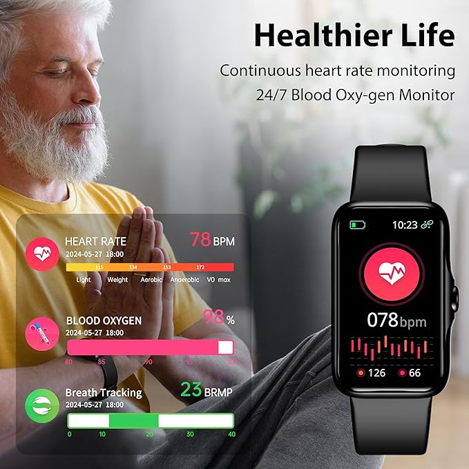 Fitness Tracker with 24/7 Continuous Heart Rate, Blood Oxygen Monitor, Smart Watch with Sleep Monitor, IP68 Waterproof Activity Tracker Step Counter for Women Men (Black)