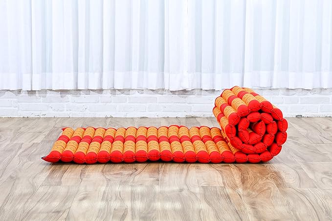 Leewadee - Foldable Floor Mattress - Japanese Roll Up Futon -Trifold Tatami Mat- Guest Floor Bed - Camping Mattress - Thai Massage Mat, Kapok Filled, 75 x 28 inches, Orange Red