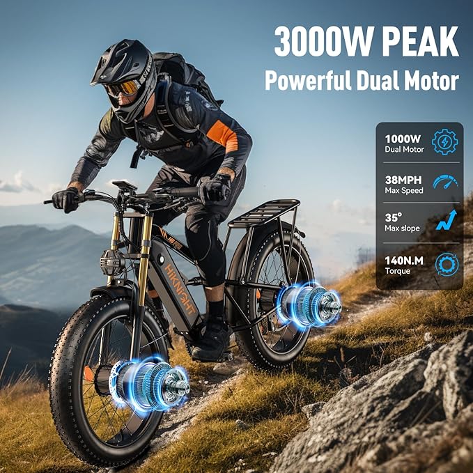 Dual Motor Electric Bike Peak 3000W, 52V 20AH Battery E Bike for Adults 26 Inch Fat Tire Mountain Electric Bicycle 38 MPH, Full Suspension Dual Hydraulic Disc Brake, Up to 90 Miles Range