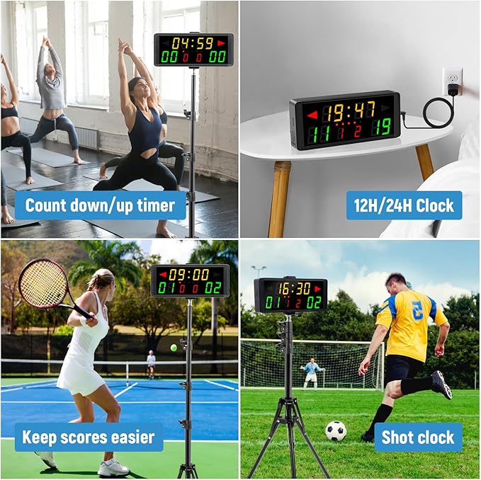Samshow LED Electronic Scoreboard Digital Score Keeper with Remote & Tripod, Basketball Scoreboard with Shot Clock & Timer & 12/24h Real Time for Football/Corn Hole/ping Pong/Table Tennis