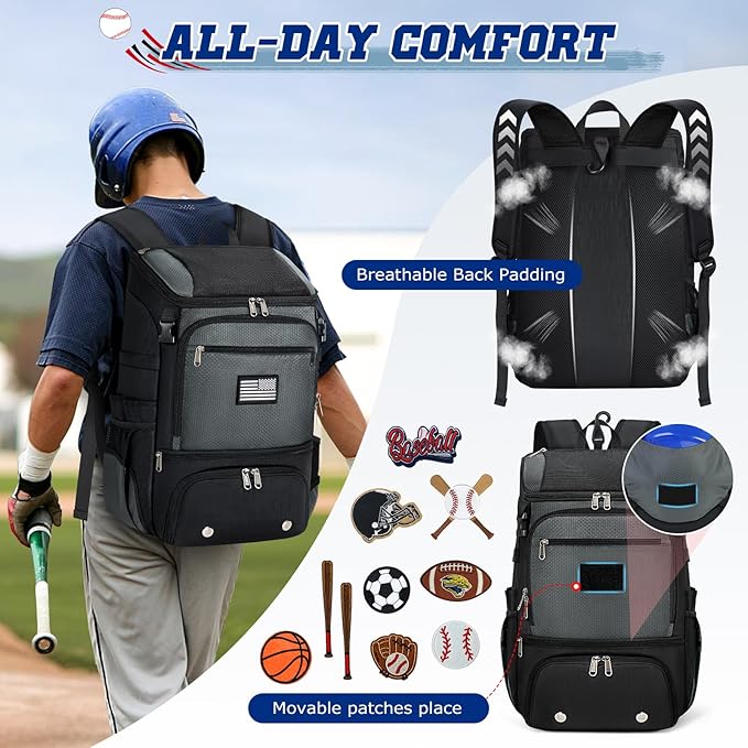 RAINSMORE Baseball Backpack, Lightweight Softball Bag with Shoe Compartment Baseball Bag for Youth & Adult Softball Bat Bag with Fence Hook Helmet Holder Sports Backpack for T-Ball