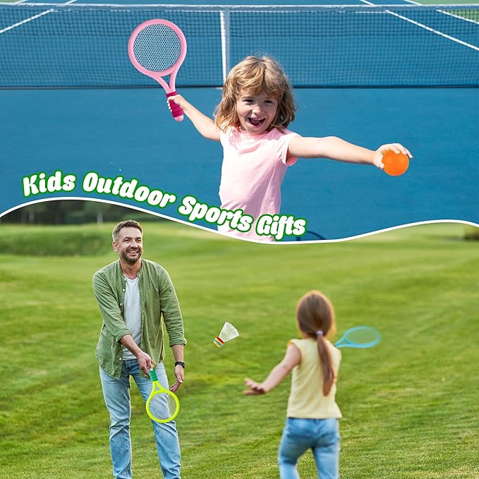 12 Pcs Plastic Kids Tennis Racket Set with 6 Pcs Tennis Balls and 6 Shuttlecocks Training Balls Badminton Paddle Racket Toy for Children Toddler Outdoor Indoor Beach Sports Gifts