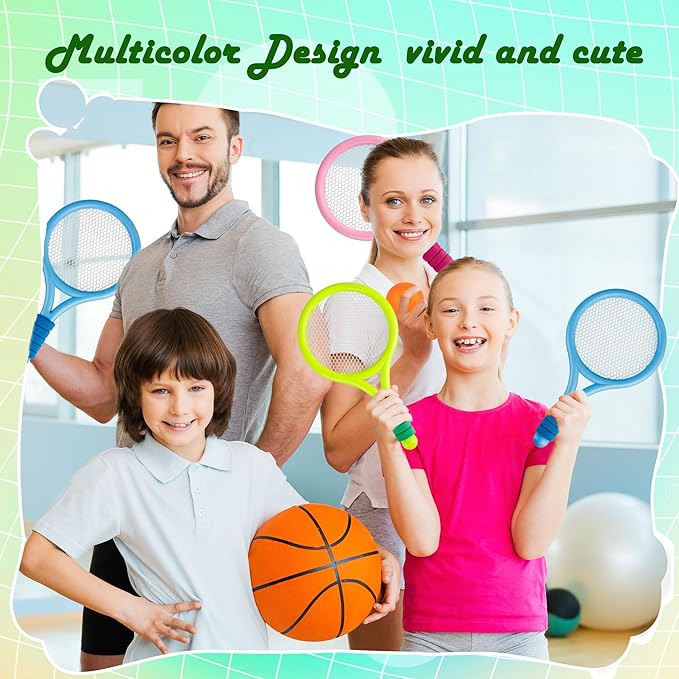 12 Pcs Plastic Kids Tennis Racket Set with 6 Pcs Tennis Balls and 6 Shuttlecocks Training Balls Badminton Paddle Racket Toy for Children Toddler Outdoor Indoor Beach Sports Gifts