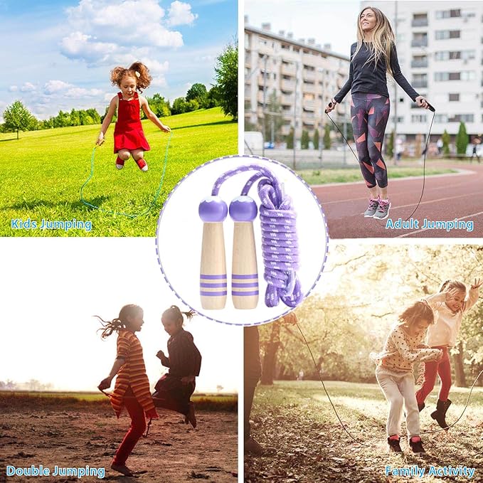 Jump Rope Kids, 7ft Adjustable Cotton Skipping Rope with Wooden Handle for Boys and Girls Fitness Outdoor Exercise