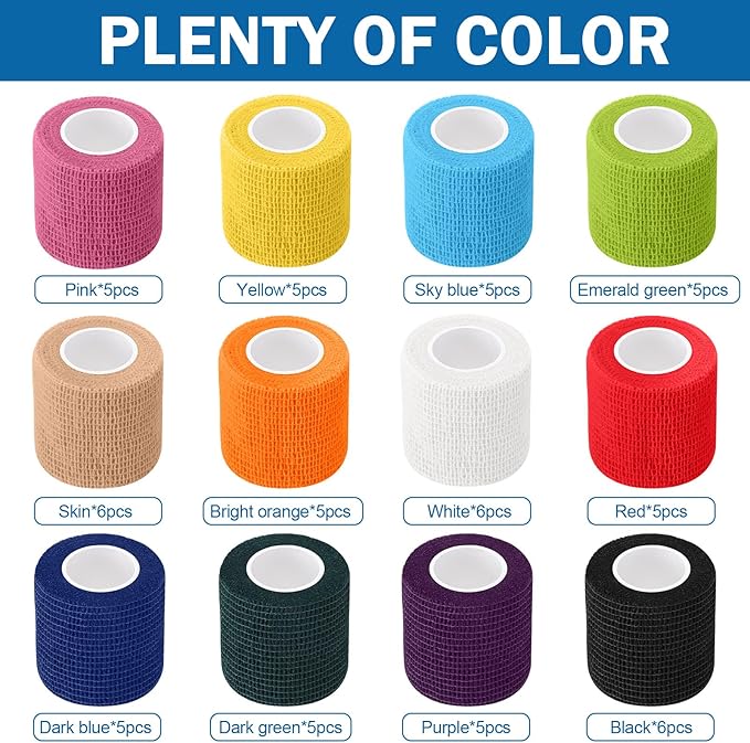 Treela 64 Pack 2" x 5 Yards Self Adhesive Cohesive Bandage Wraps, Elastic Breathable Athletic Tape, Flexible Self Adherent Bandage Rolls for Wrist, Ankle, Fingers, Sports & Pets (Colorful)