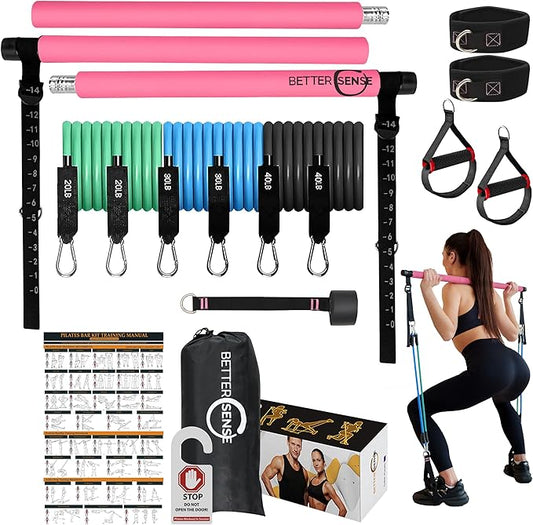 Upgraded Pilates Bar Kit – 39” Adjustable Exercise Equipment for Men, Women with 6X 20, 30, 40 lbs Resistance Bands with Adjustment Buckle – Pilates Equipment for Home Workouts for All Fitness Levels