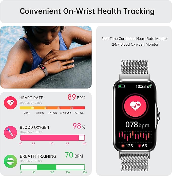 Health Fitness Tracker, Smart Watch with 24/7 Heart Rate and Blood Oxygen Monitor, Sleep Tracker with IP68 Waterproof, Activity Tracker Pedometer Step Counter for Women Men (Silver)