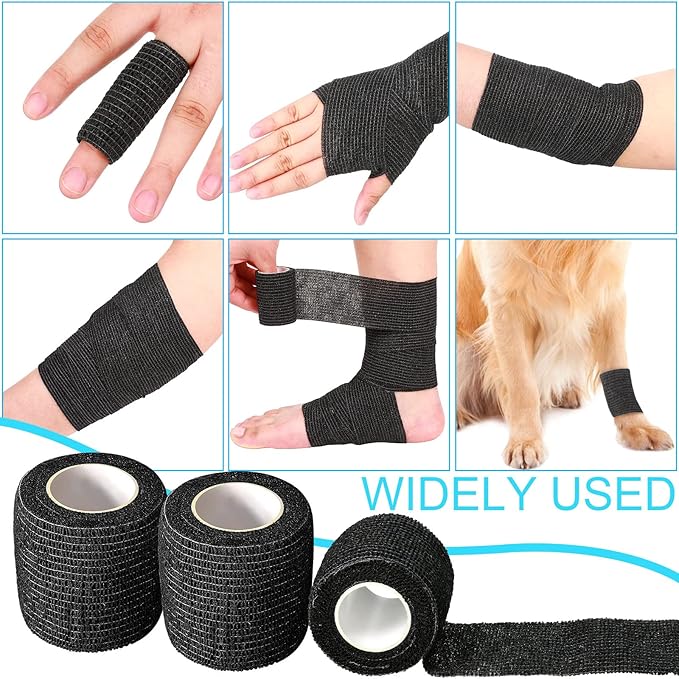 Treela 48 Pack Self Adhesive Wrap Bandage Bulk, 2 Inches x 5 Yards Self Adherent Cohesive Bandage Elastic Athletic Tape Breathable Wound Tape for Stretch Athletic Sports Wrist Ankle(Black)