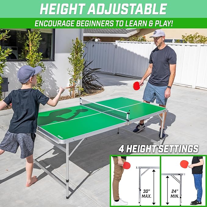 GoSports 6 x 3 ft Mid-Size Table Tennis Table Set with Adjustable Height - Green or Blue