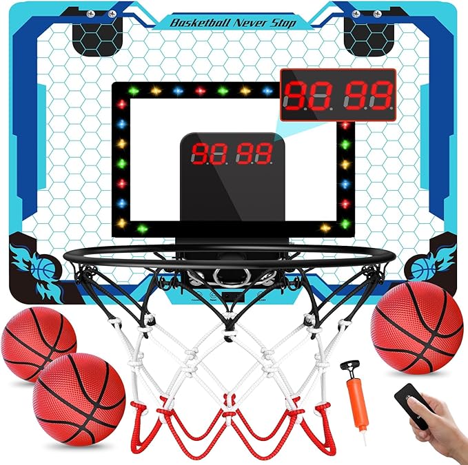 Basketball Hoop Indoor with Electronic Scoreboard & Timer, LED Light Mini Basketball Hoop for Kids, Over The Door, Basketball Gifts Toys for 3-12 Year Old Boys Girls (Blue)