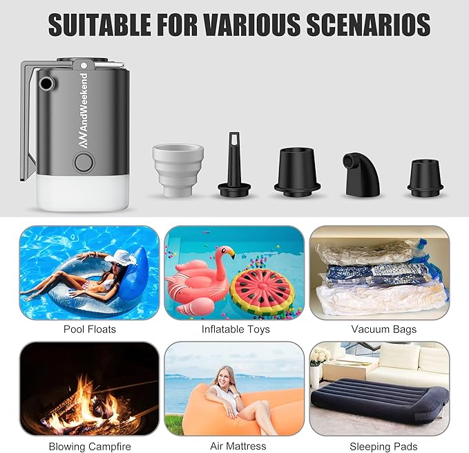 THE WEEKEND Portable Air Pump for Inflatables with Camping Lantern,3kPa Tiny Air Mattress Pump with 2000mAh Rechargeable Battery,Inflate Deflate for Sleeping Pads Pool Floats Inflatable Toys (Black)