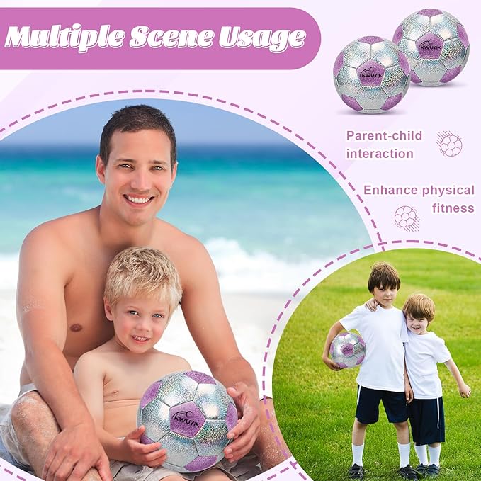 Soccer Ball Size 3 4 5 Glitter Pink Purple Silver with Pump Toddler Soccer Ball for Kids Aged 3-6 6-8 8-12 Outdoor Training Ball for Girls Boys Children Youth Teens