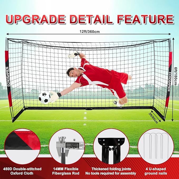 12X6FT/6X4FT Soccer Goal, Portable Soccer Goals for Backyard, Easy to Carry, Easy to Install, Comes with 1 Carry Bag, 4 Ground Nails, Youth and Adult Training Equipment.