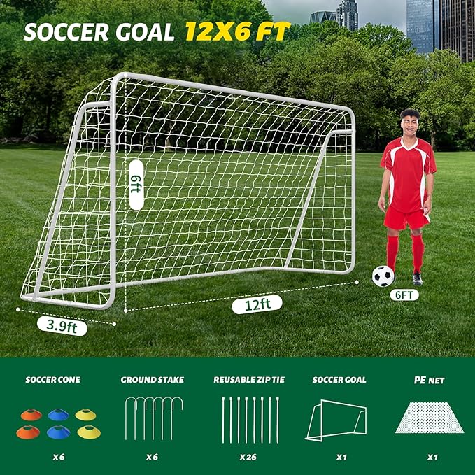 NAIZEA Soccer Goal - 12x6FT/16x7FT/10x6FT/8x6FT/6x4FT Soccer Goals for Backyard - Metal Soccer Goals for Youth Adult - Multiple Sizes Colors - Perfect for Games Indoor Outdoor Practice