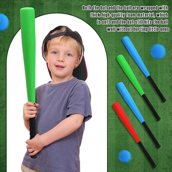 Wettarn 4 Pcs Foam Baseball Bat 24 Inches Foam Bat with Safe Soft Baseballs T Ball Set for Outdoor Indoor Sport Game Beginners Practice Playing Training(Red, Yellow, Blue, Green)