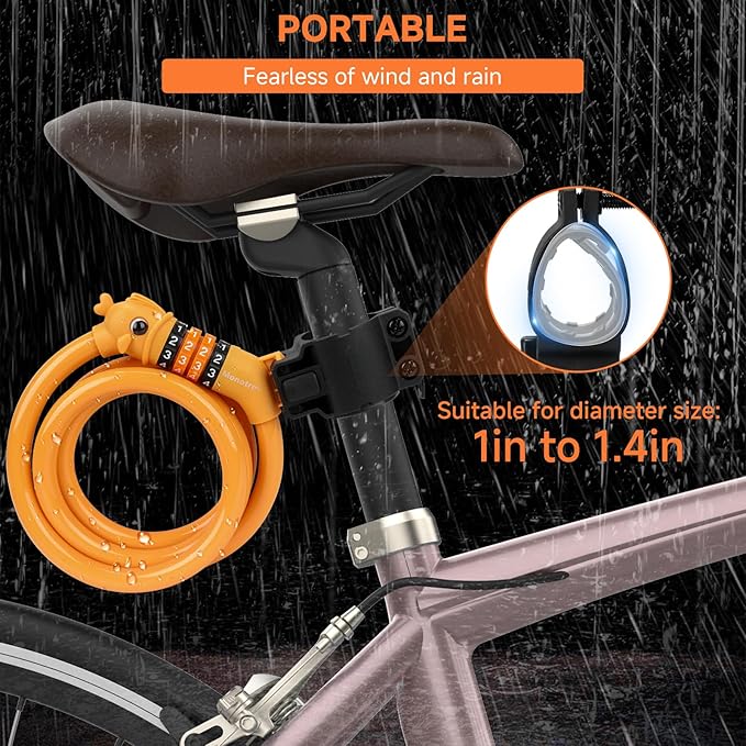 Bike Lock, 3.9 Feet 4-Digit Resettable Combination Password Anti-Theft Cable Lock, Cute Coiled Bike Lock with Mounting Bracket, Suitable for Bicycles, Electric Scooters, Ebikes (Orange-12mm)